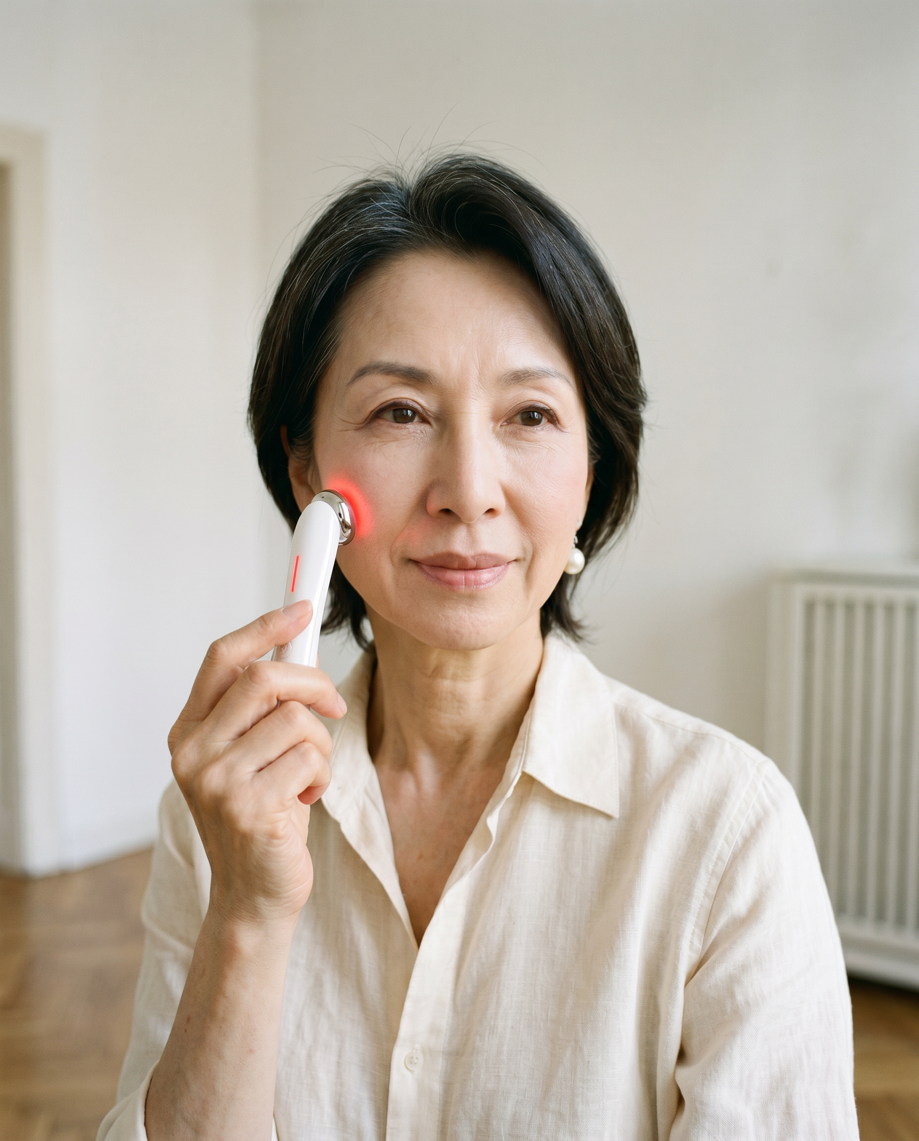 Hae-won Park przykłada Halmeoni Piec do skroni przed lustrem w łazience.